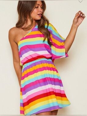 Fantastic Fawn Rainbow One Shoulder Mini Dress NWOT Size S or L.